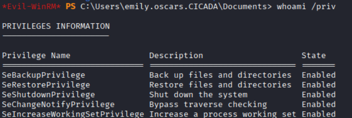 whoami /priv showing SeBackupPrivilege, SeRestorePrivilege, SeShutdownPrivilege all Enabled