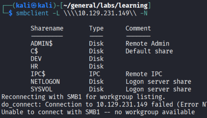 smbclient -L output showing ADMIN$, C$, DEV, HR, IPC$, NETLOGON, SYSVOL shares