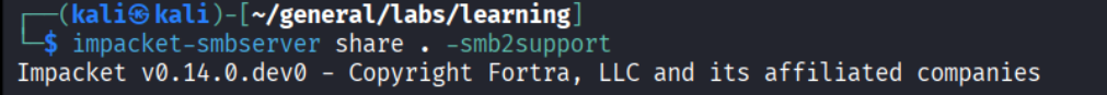impacket-smbserver starting, share &ldquo;.&rdquo; with smb2support