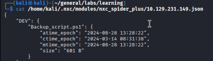 cat of spider_plus JSON - DEV share contains Backup_script.ps1, 601 bytes