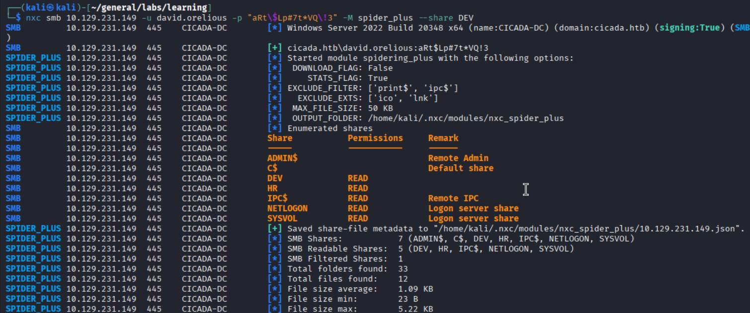 spider_plus module output showing share enumeration in progress, saved files metadata to JSON