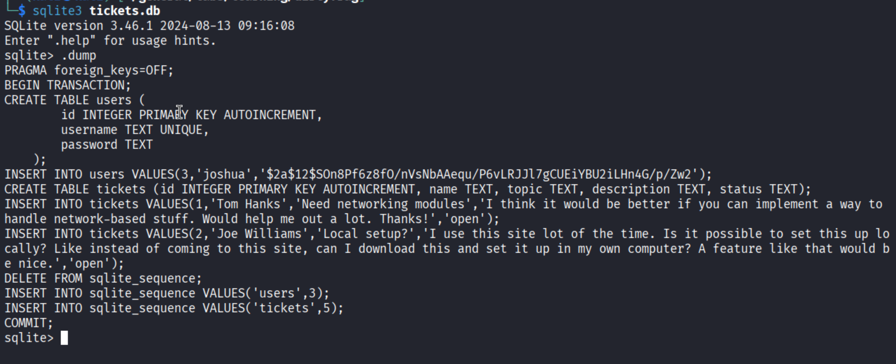 SQLite dump
