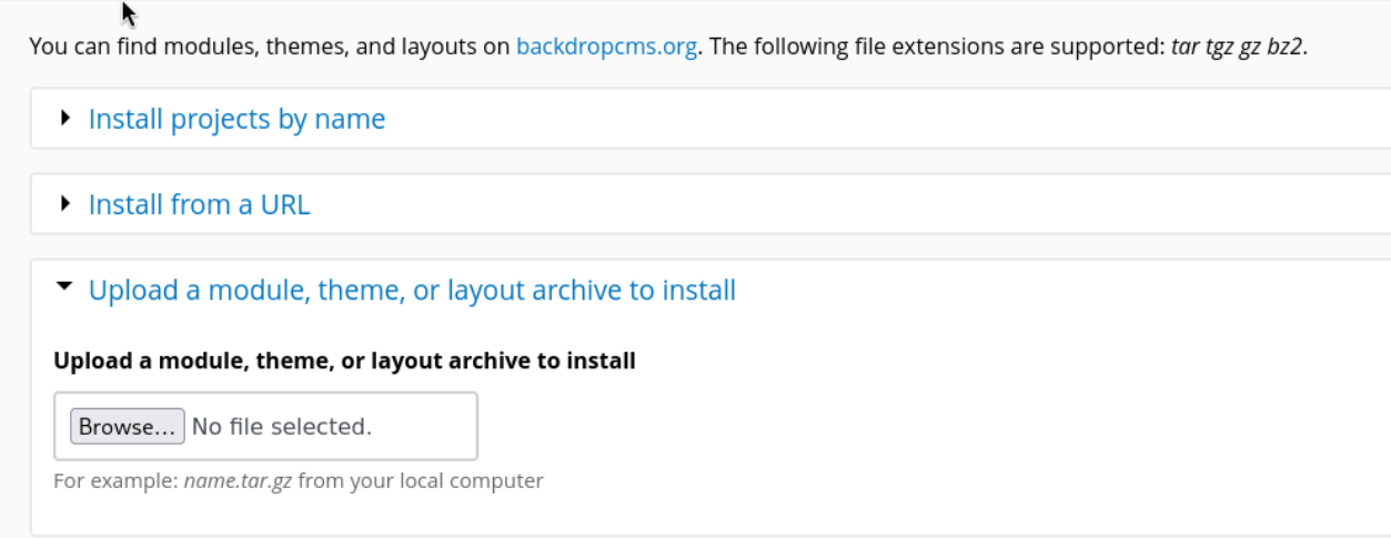 Module installer showing accepted file types: tar tgz gz bz2