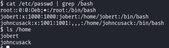 /etc/passwd showing two users with shell access