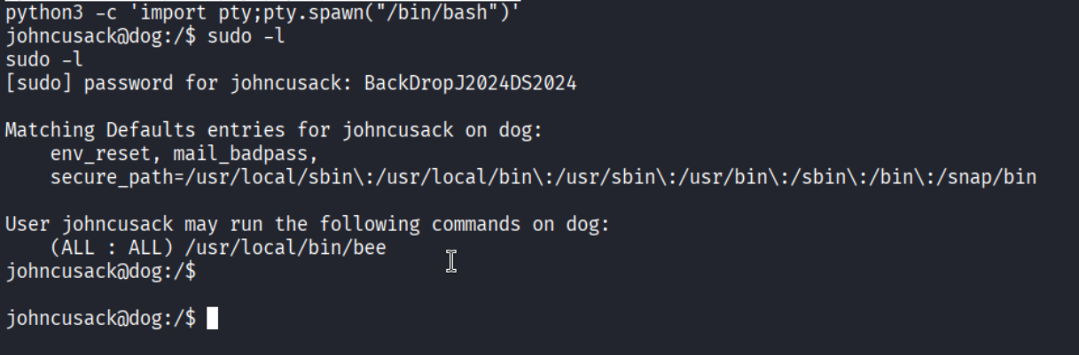 sudo -l showing bee NOPASSWD for johncusack