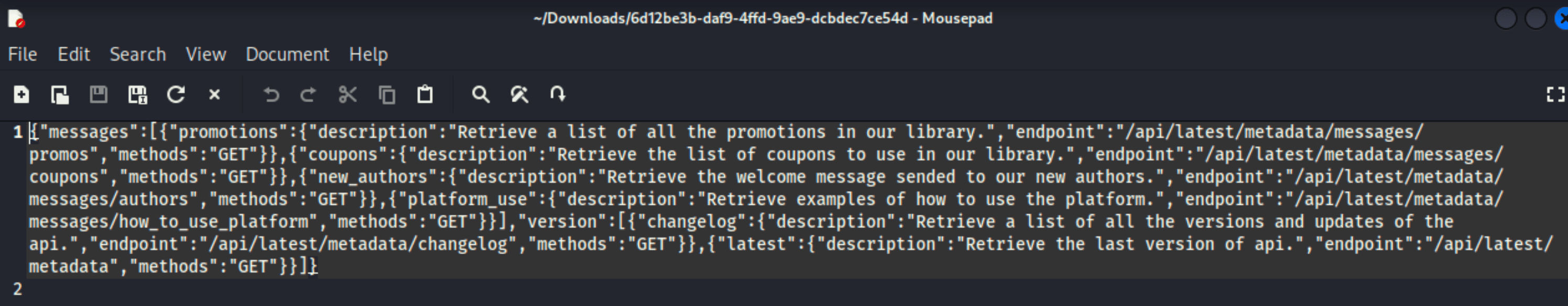 Mousepad showing JSON with internal API endpoints including messages/promos, coupons, new_authors, messages/authors, platform_use, changelog, and latest metadata