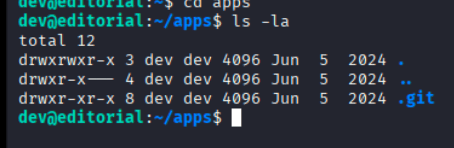 ls -la in apps directory showing only a .git folder, no source files