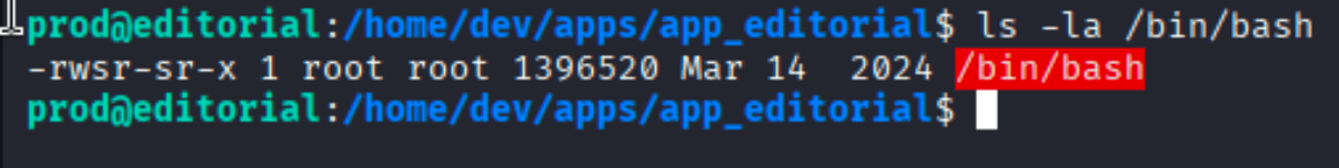 ls -la /bin/bash showing -rwsr-sr-x confirming SUID bit is set