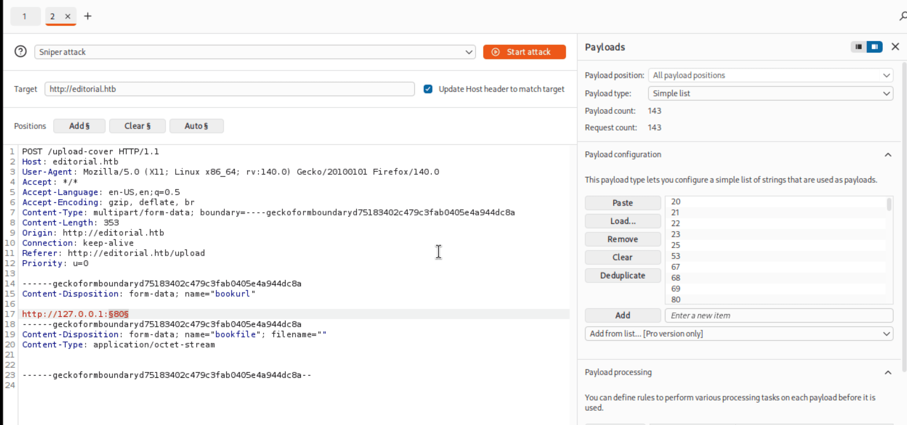 Burp Suite Intruder configured with bookurl pointing to 127.0.0.1 with port as payload position