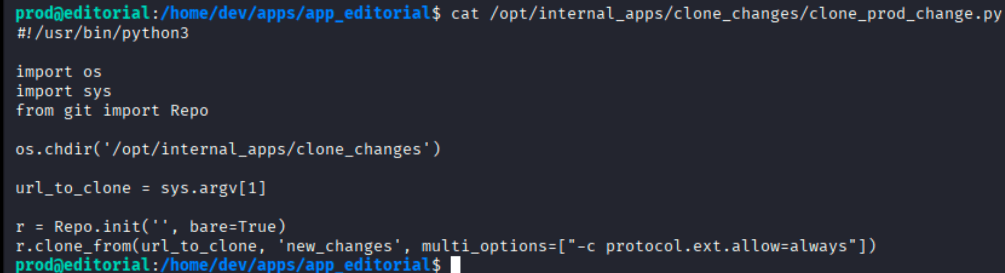 clone_prod_change.py source showing it takes a URL argument and calls GitPython Repo.clone_from with protocol.ext.allow=always