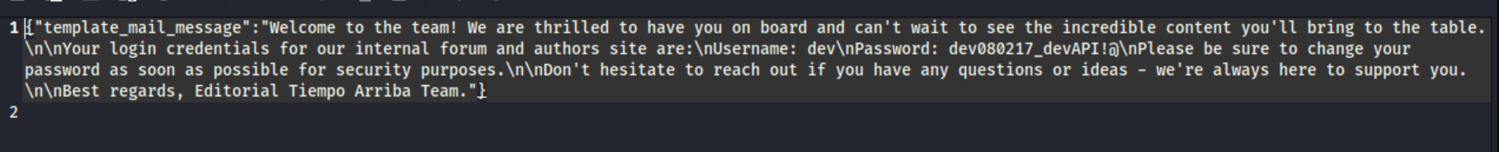 Mousepad showing welcome message template with credentials Username: dev and Password: dev080217_devAPI!@