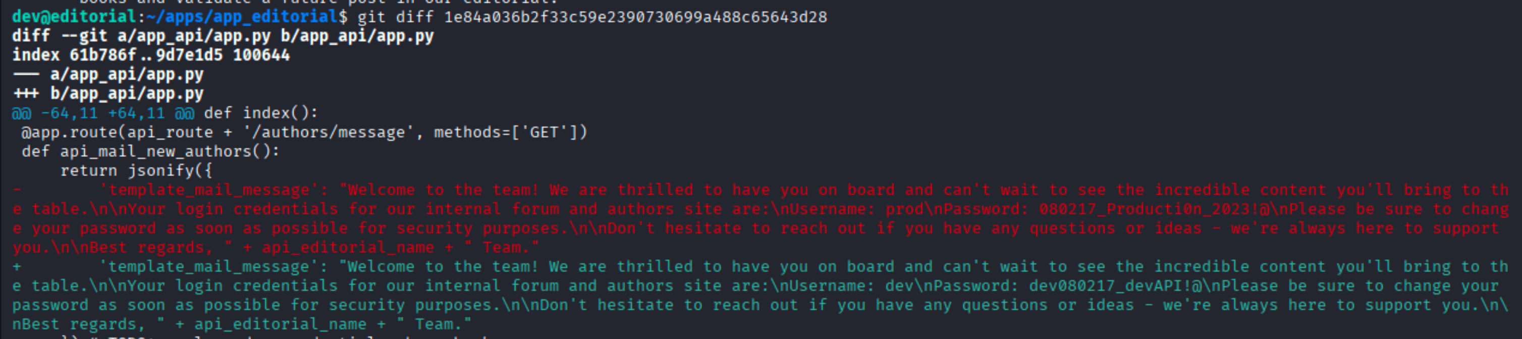 git diff showing old code with prod credentials Username: prod Password: 080217_Producti0n_2023!@ replaced by dev credentials