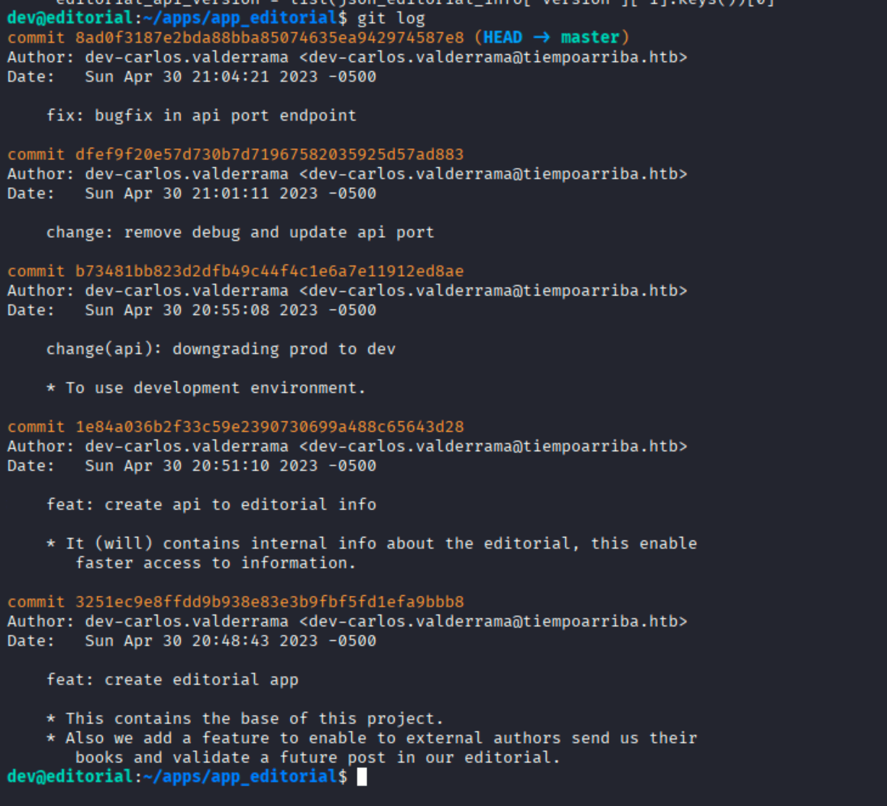 git log showing multiple commits, including 'change(api): downgrading prod to dev' and 'feat: create api to editorial info'