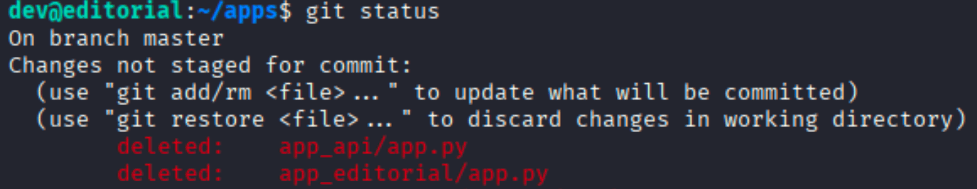 git status showing app_api/app.py and app_editorial/app.py as deleted files
