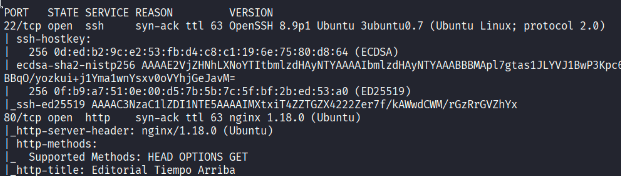 nmap scan showing ports 22 SSH and 80 HTTP nginx with title Editorial Tiempo Arriba