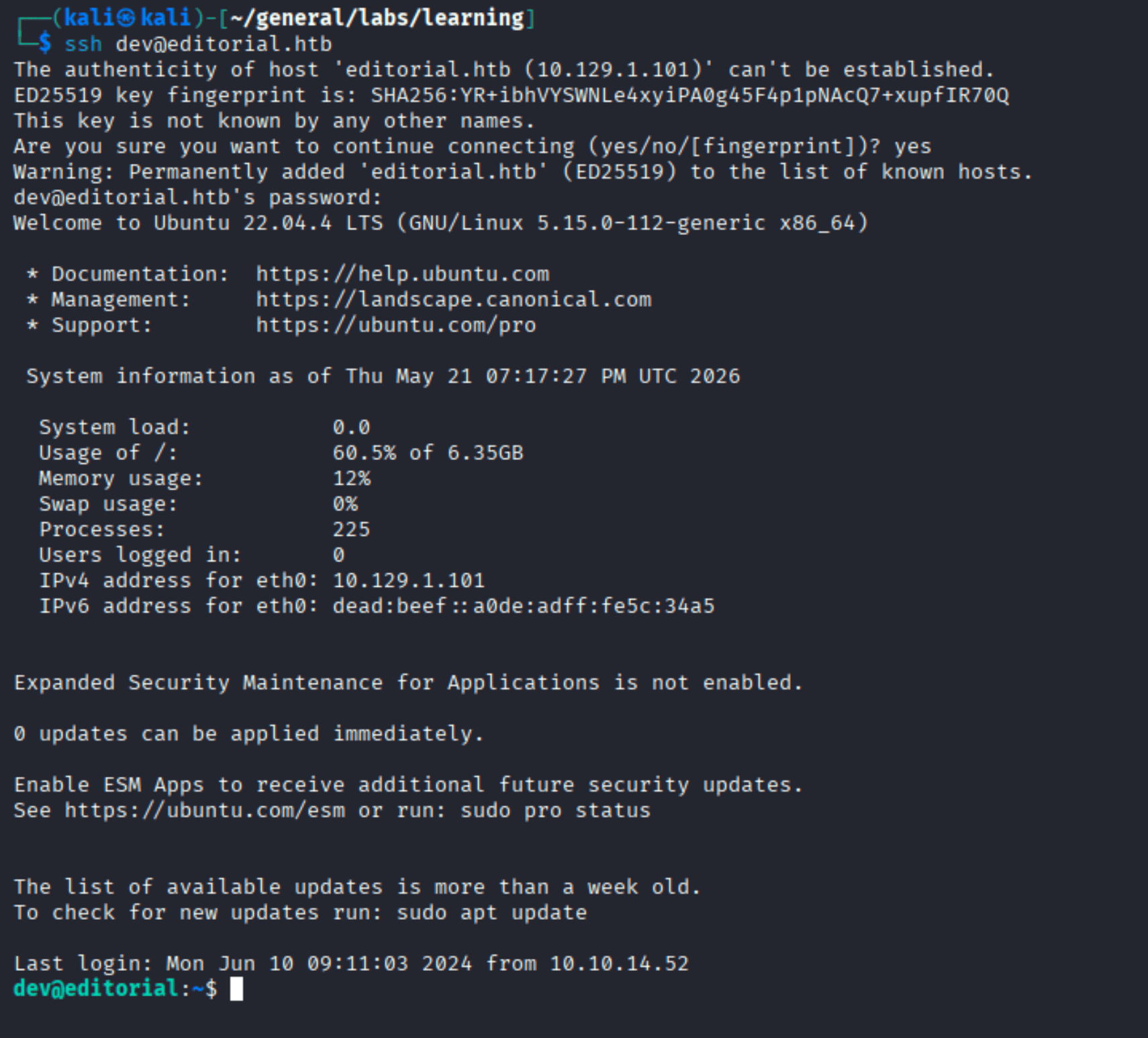 Successful SSH login as dev to editorial.htb showing Ubuntu 22.04 banner