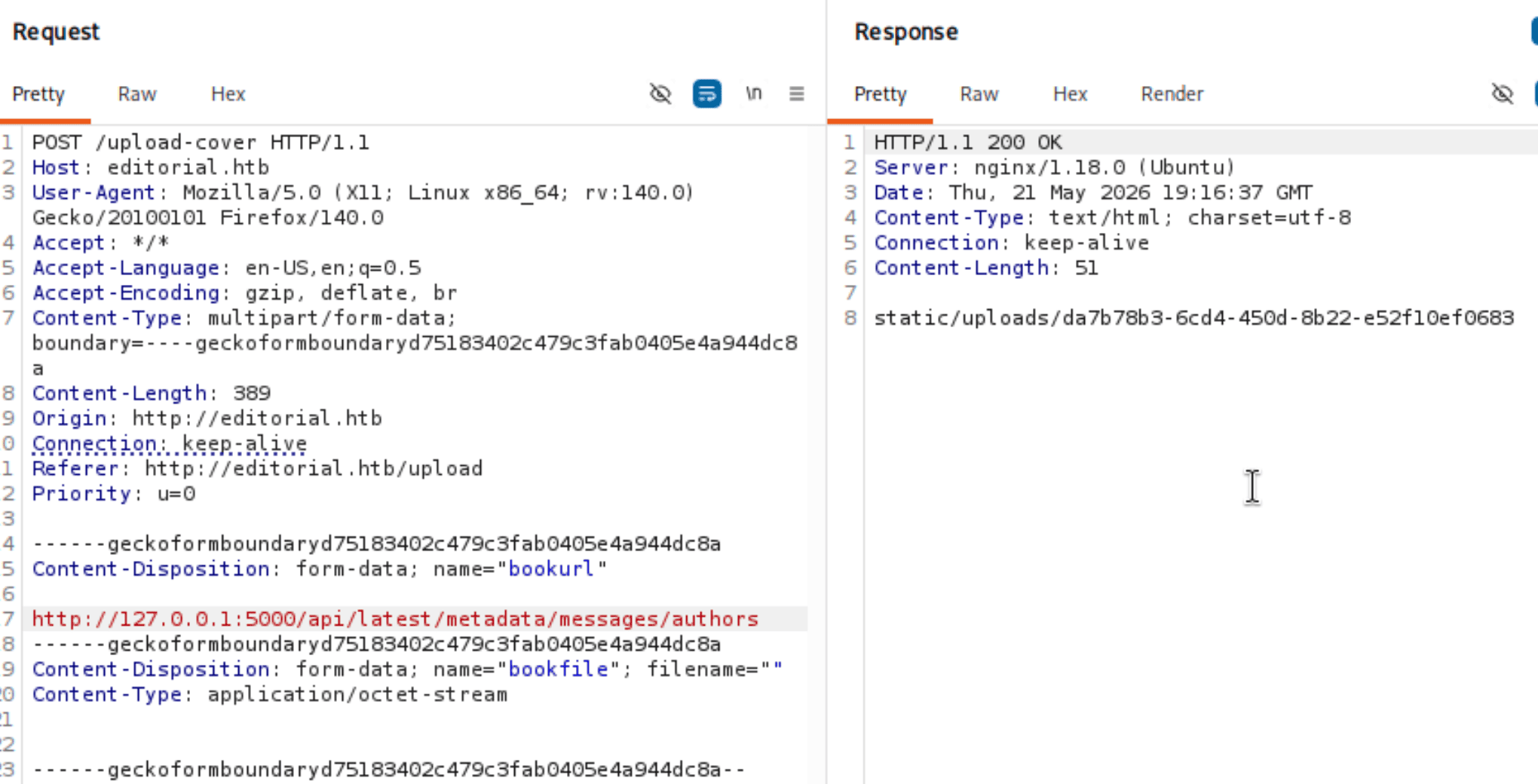 Burp response returning a new static uploads path for the authors message file