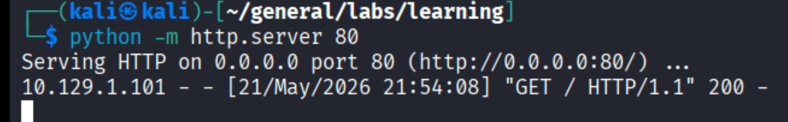 Python HTTP server receiving GET request from 10.129.1.101 confirming SSRF