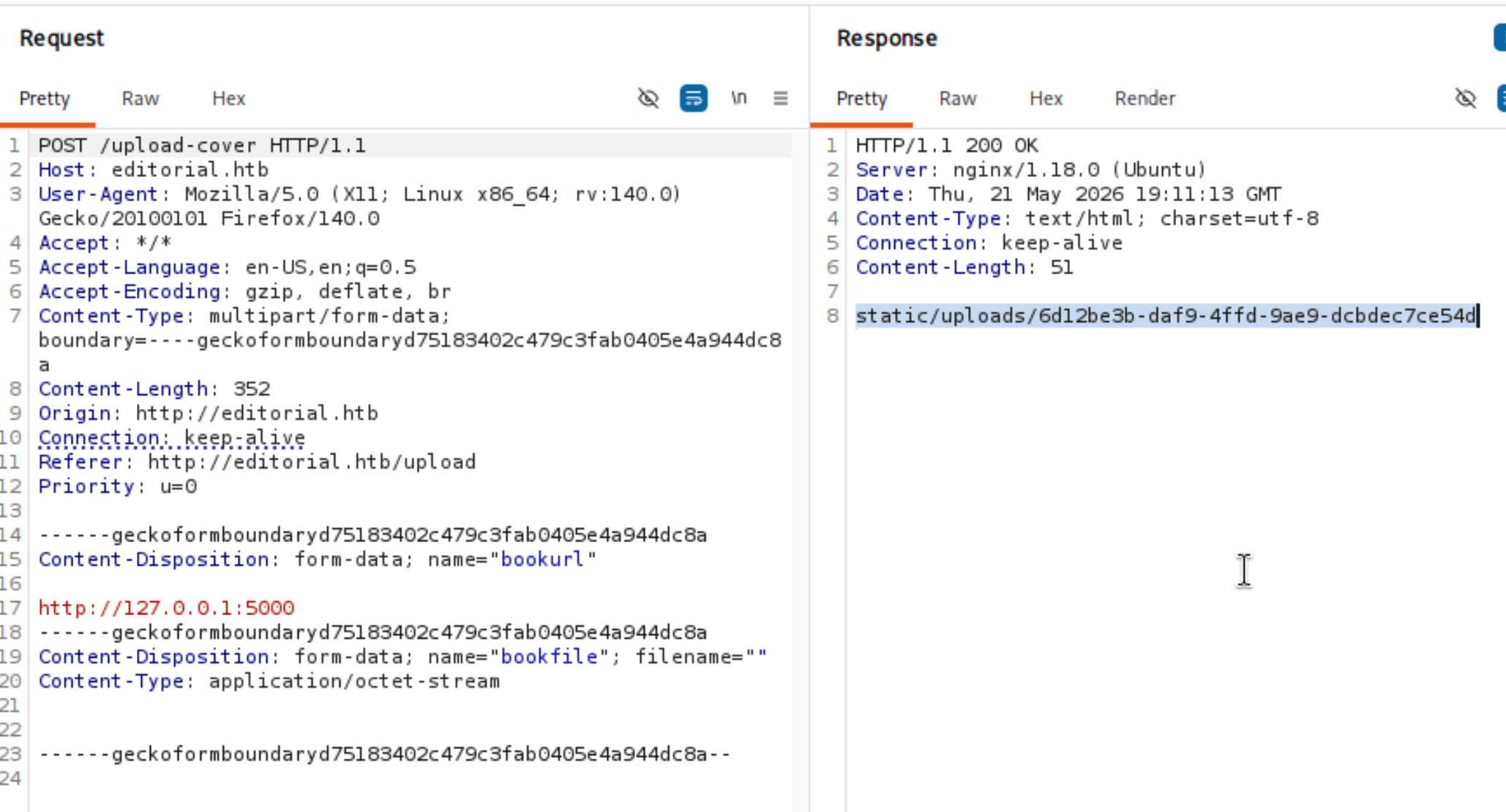 Burp response showing static/uploads/6d12be3b-daf9-4ffd-9ae9-dcbdec7ce54d as the served file path