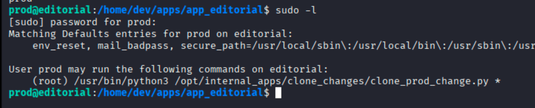 sudo -l showing prod can run /usr/bin/python3 /opt/internal_apps/clone_changes/clone_prod_change.py as root with wildcard argument