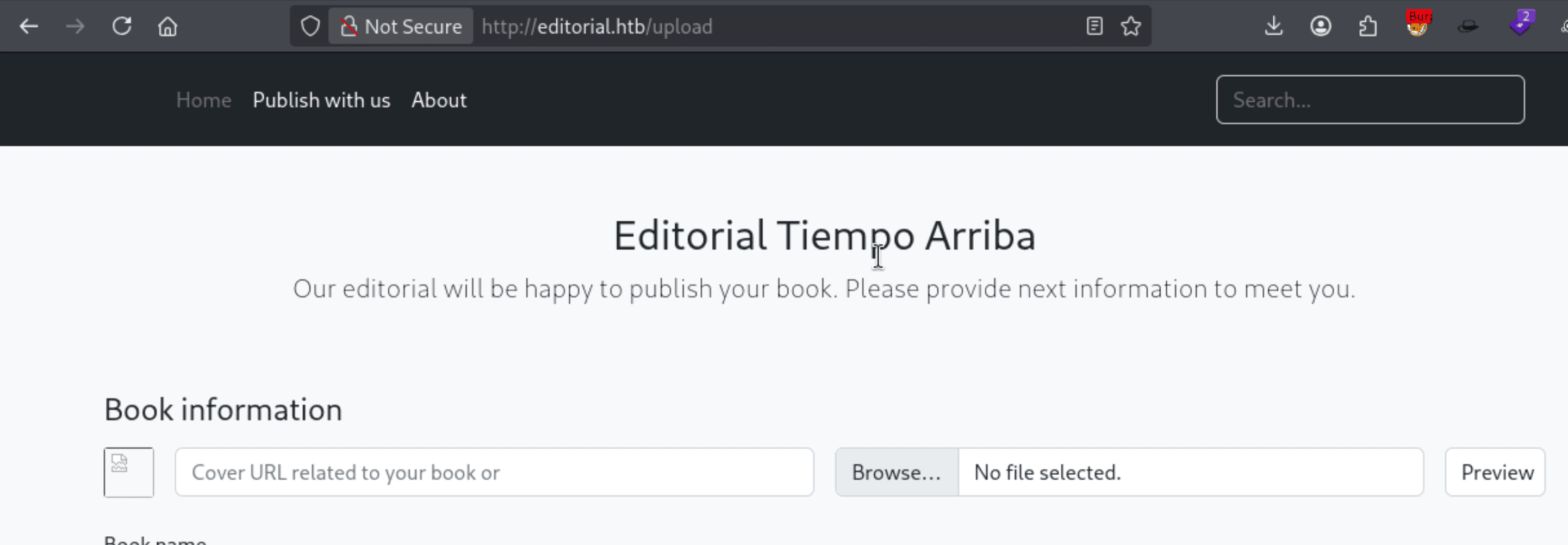 Editorial Tiempo Arriba upload page with book cover URL field and file browse button