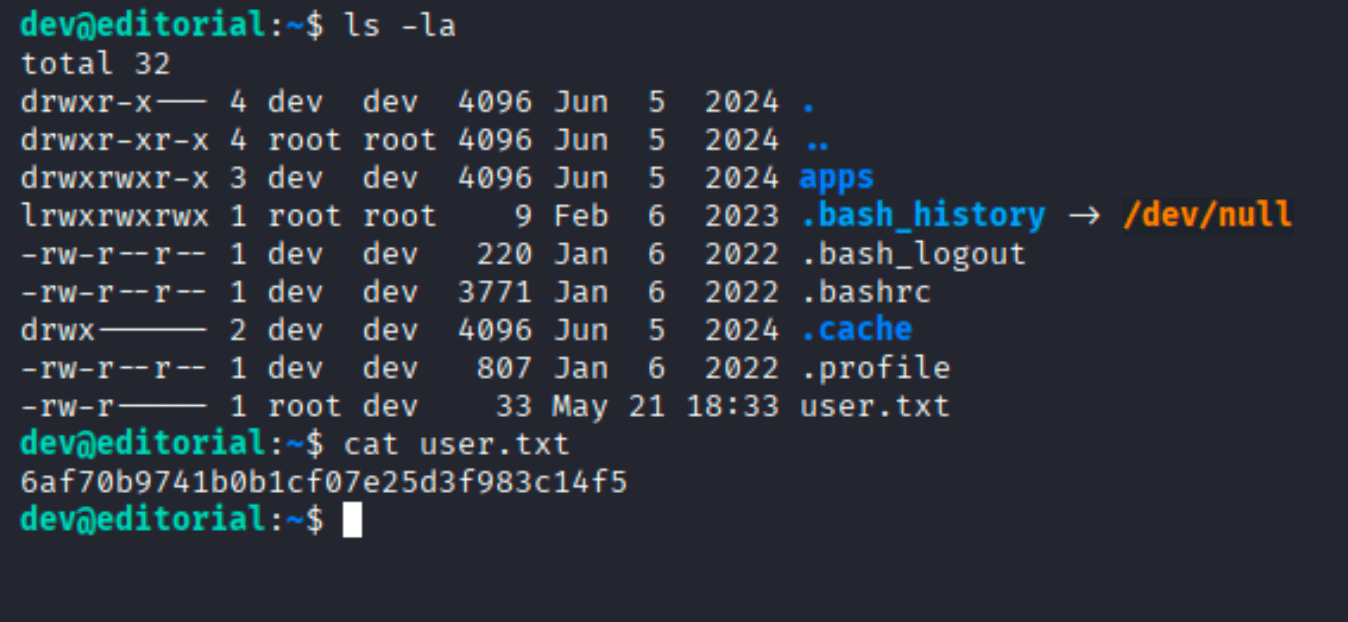 ls -la output showing home directory with apps folder and cat user.txt revealing the user flag