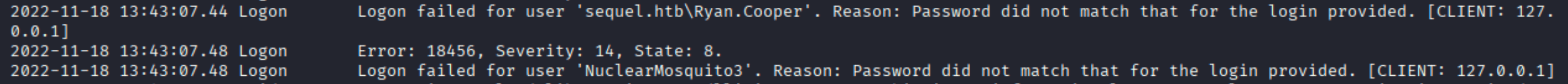 SQL Server error log showing failed login for Ryan.Cooper with password NuclearMosquito3 visible