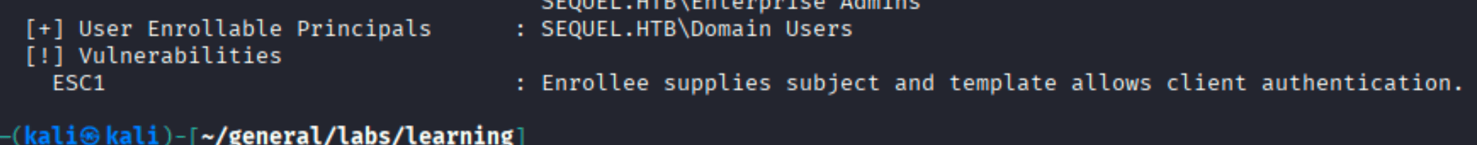 certipy output showing ESC1 vulnerability in UserAuthentication template - enrollee supplies subject, Domain Users can enroll