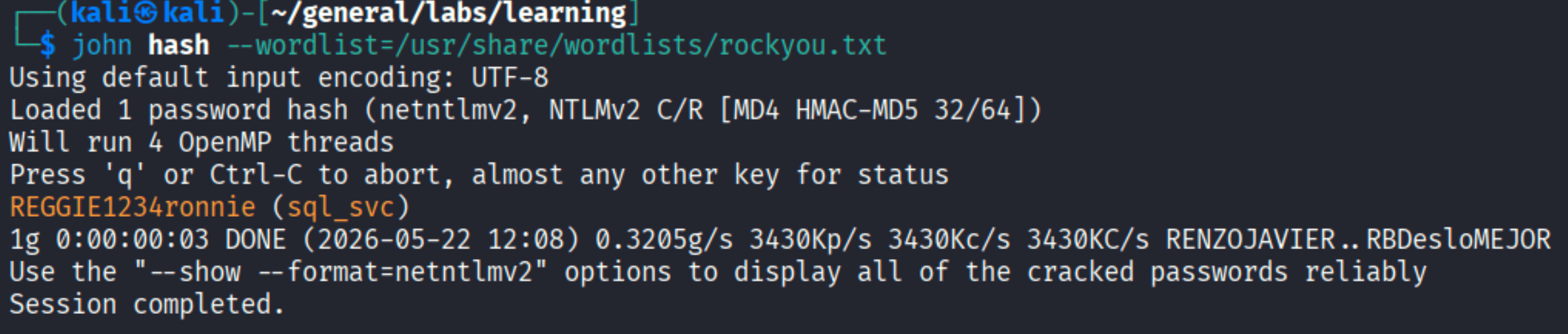 John the Ripper cracking sql_svc hash to REGGIE1234ronnie