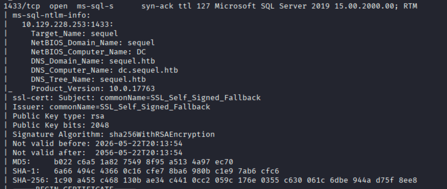 nmap scan showing MSSQL on port 1433, domain sequel.htb