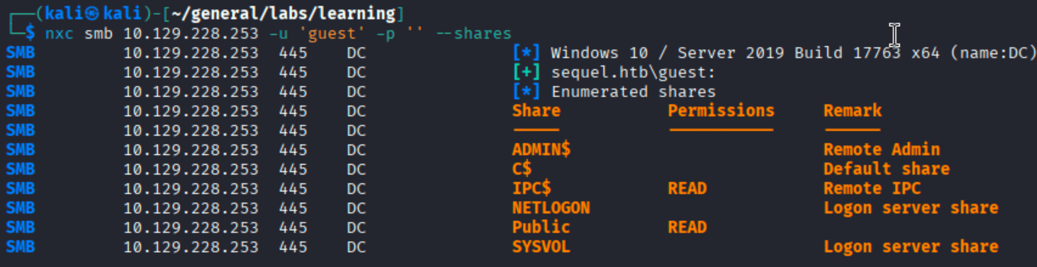 nxc smb enumeration showing Public share with READ access
