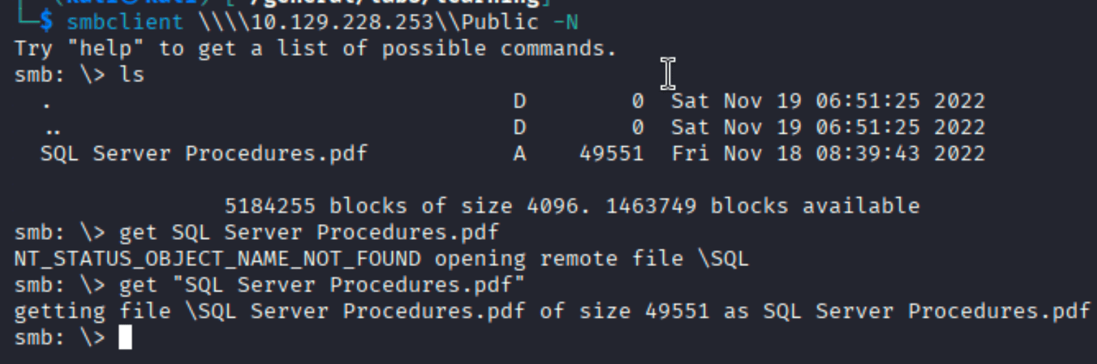 smbclient downloading SQL Server Procedures.pdf from Public share