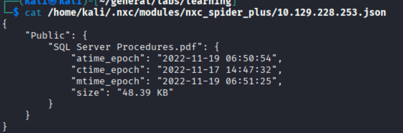 nxc spider_plus output showing SQL Server Procedures.pdf in the Public share