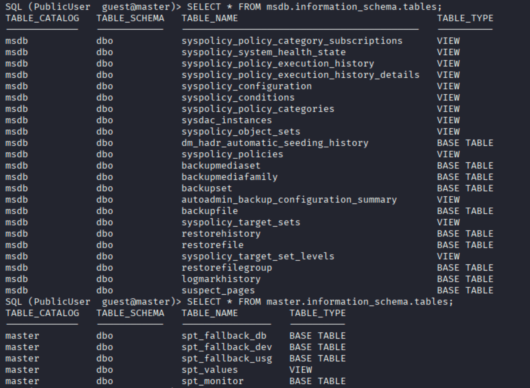 SQL query results showing tables in msdb and master databases