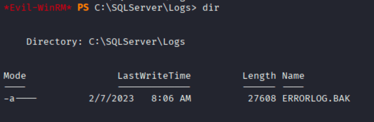 Evil-WinRM showing ERRORLOG.BAK in C:\SQLServer\Logs