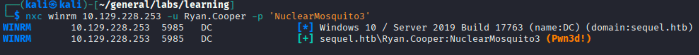 nxc winrm showing Ryan.Cooper:NuclearMosquito3 is Pwn3d