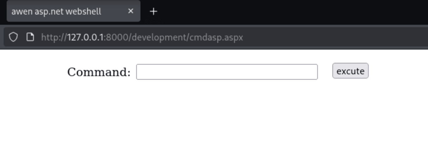 browser showing awen asp.net webshell at 127.0.0.1:8000/development/cmdasp.aspx with command input box