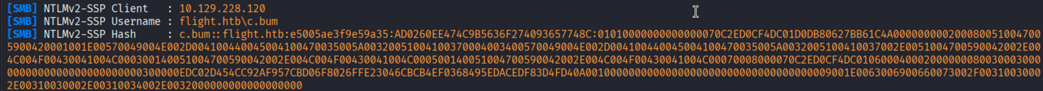 Responder capturing NTLMv2 hash for flight\\c.bum with full NTLM challenge response hash string