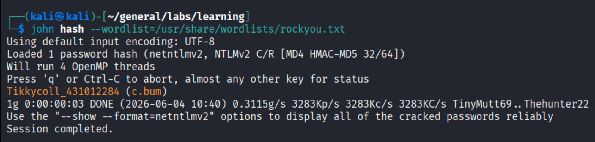 john cracking C.Bum NTLMv2 hash with result Tikkycoll_431012284 for c.bum