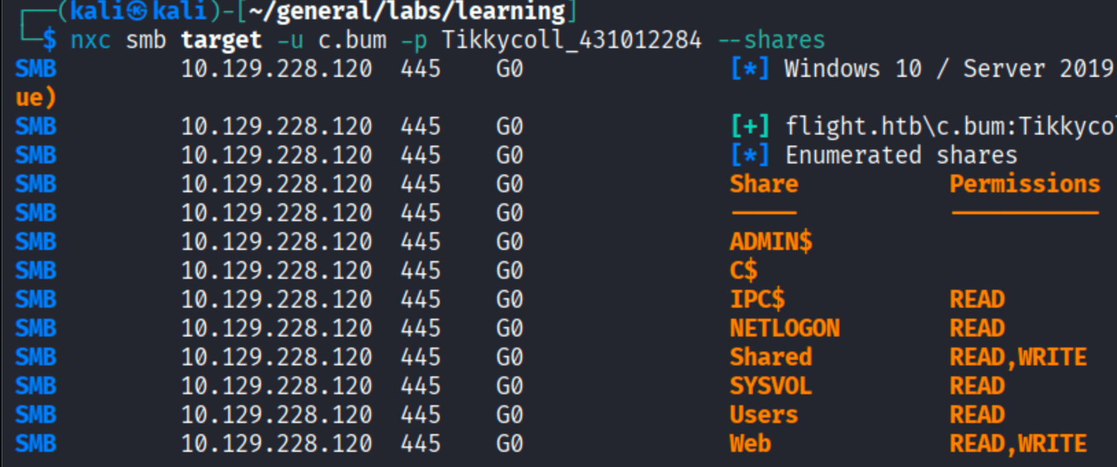 nxc smb shares for C.Bum showing Web with READ WRITE permissions